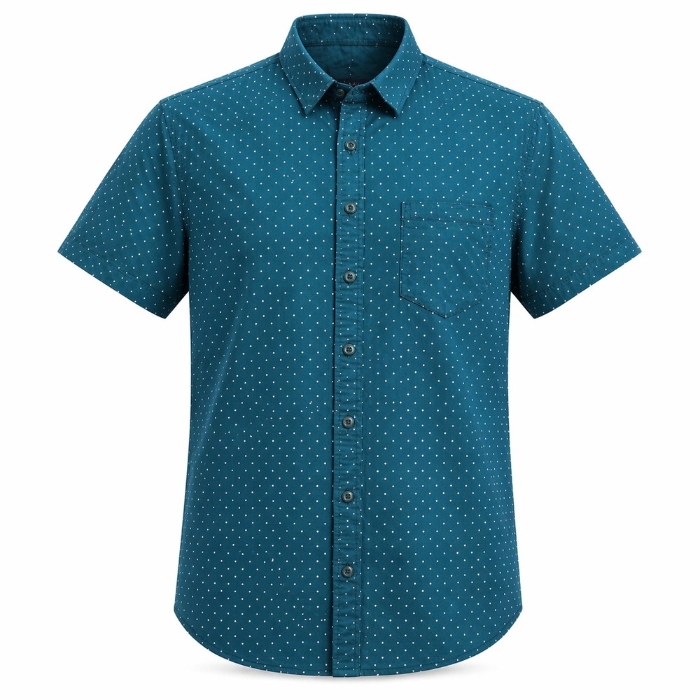 Craft + Flow Button Down Mens Medium Teal Blue White Arrow Dot Short Sleeve